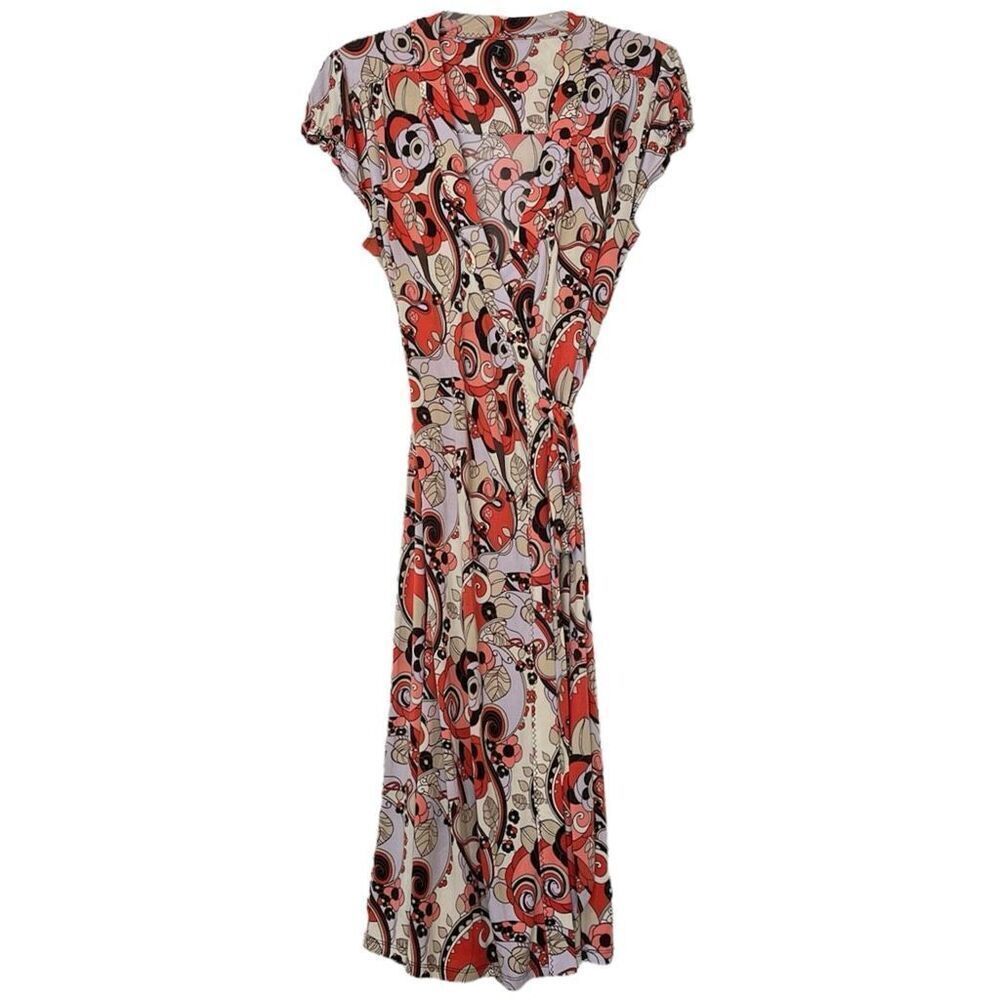 Tahari Y2K Floral Wrap Dress Women's Large Midi Stretch Ruffled Cap Sleeve USA